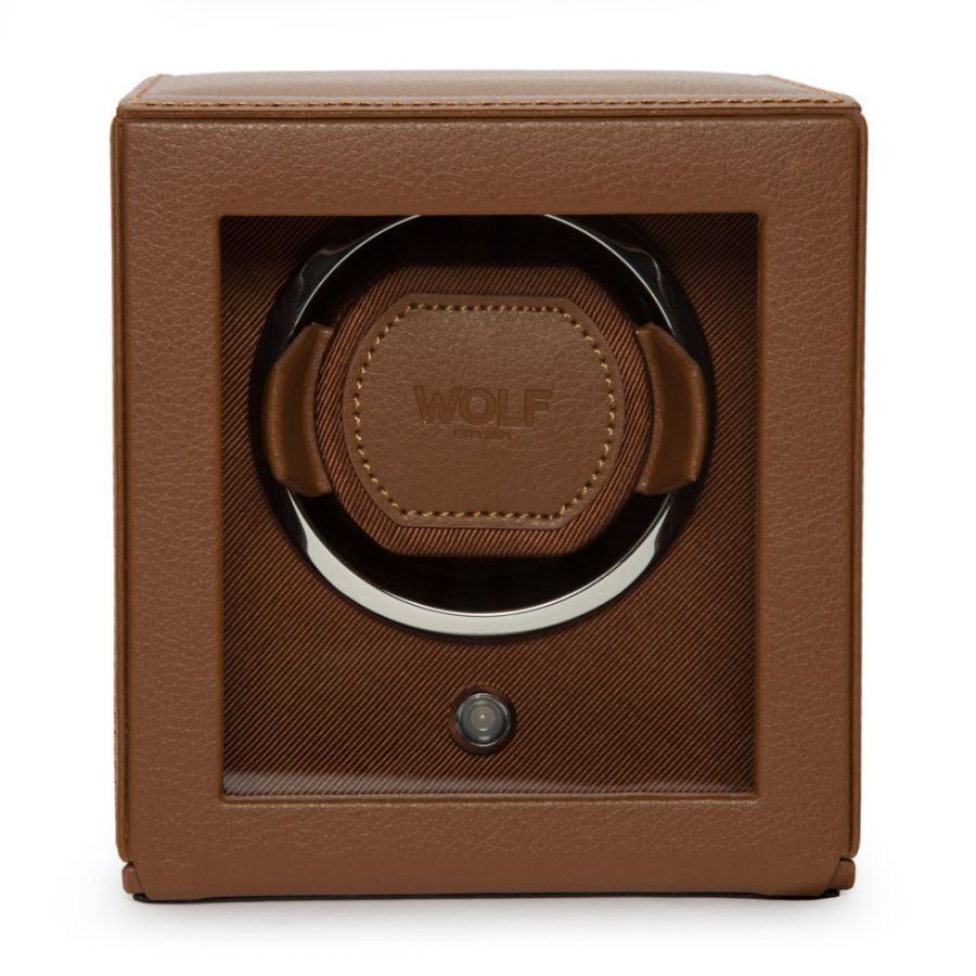 Wolf Design Cub Single Watch Winder with Cover (Cognac)