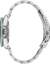 Close-up of a silver watch band on a white background