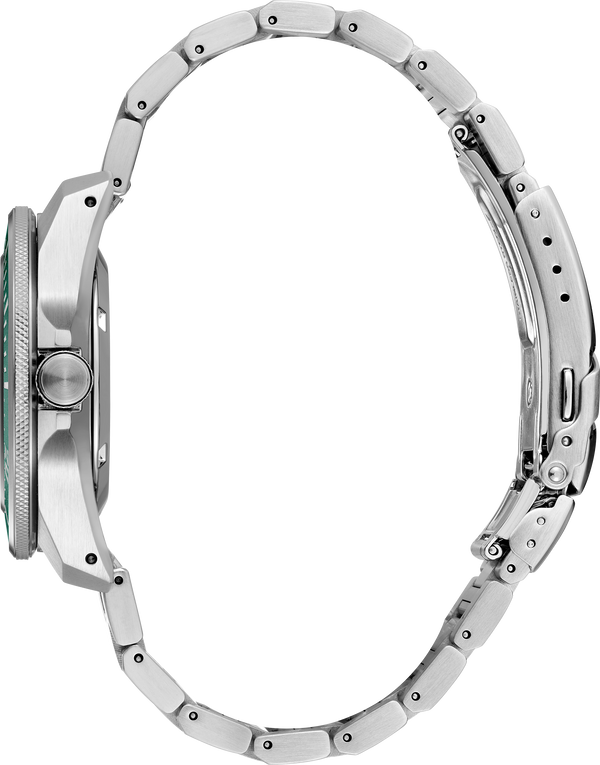 Close-up of a silver watch band on a white background