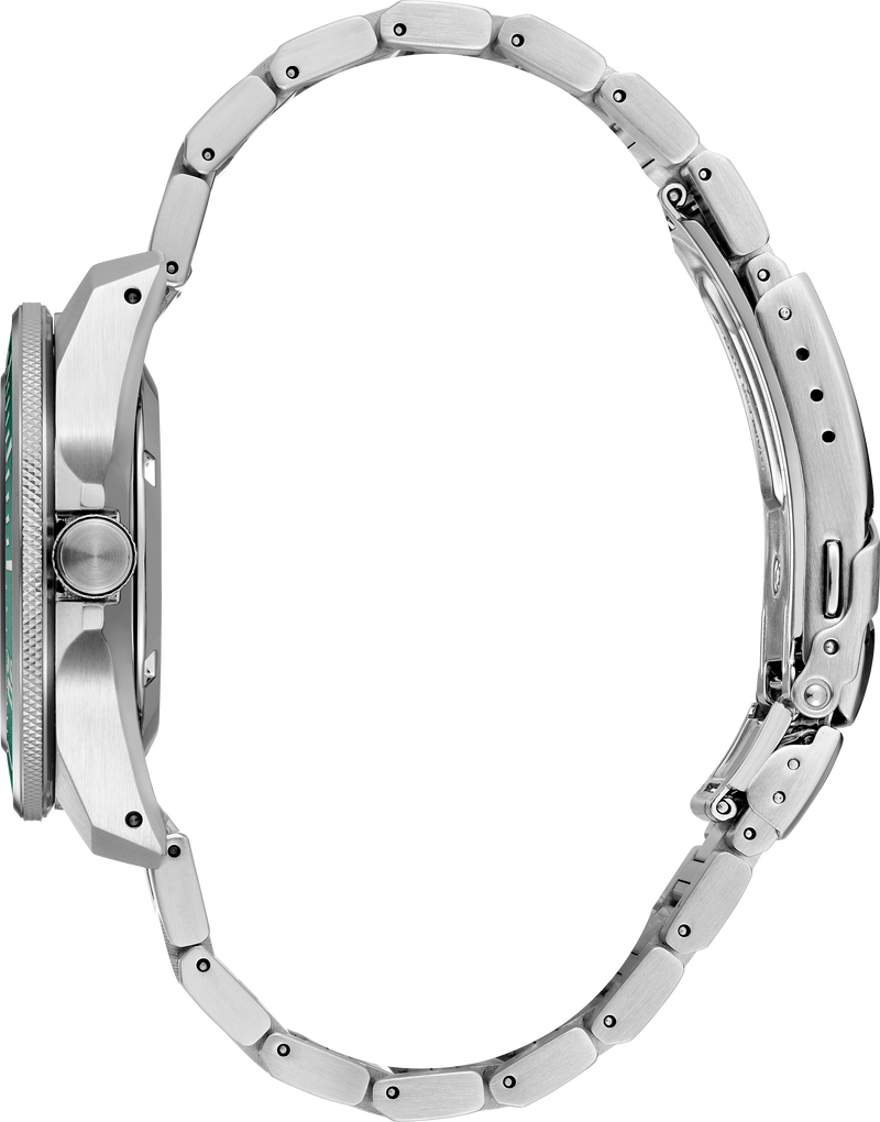 Close-up of a silver watch band on a white background