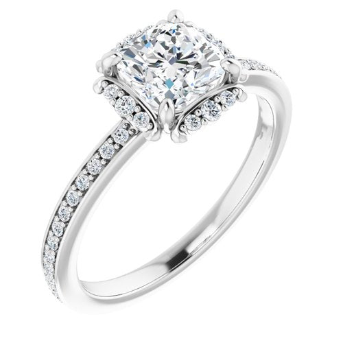 14K White Cushion Accented Halo-Style Engagement Ring